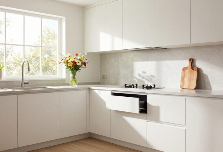 Modern kitchen with built-in coffee station and pull-out drawer