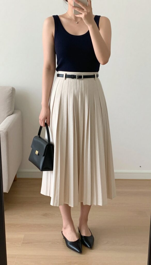 A woman in a black knit tank and cream pleated midi skirt, standing in a bright office, holding a small top-handle bag.