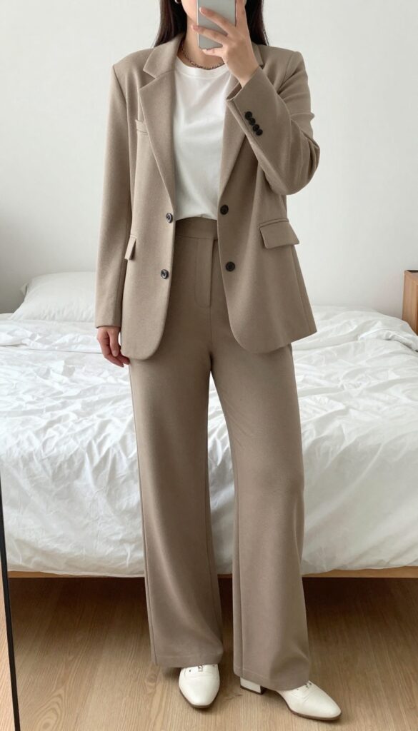 Model in a knit blazer and matching wide-leg pants, white sneakers, taking a mirror selfie in a bedroom, partially covering face with phone.