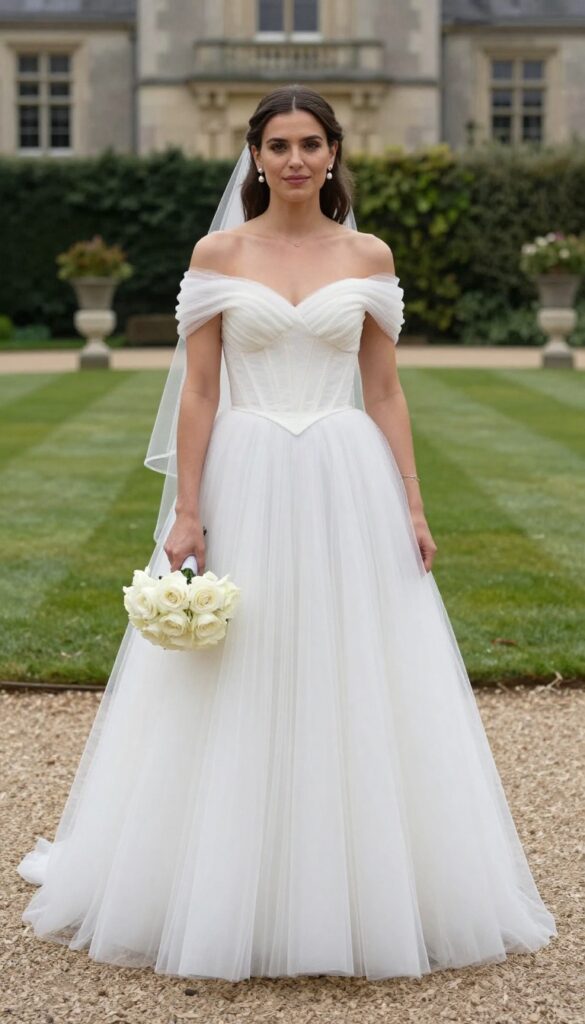 A young adult woman in an off-shoulder ball gown with a full tulle skirt, pearl drop earrings, and a small white rose bouquet, standing on a stone staircase inside a castle.