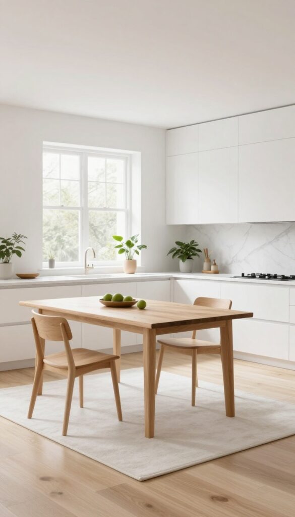 Pale wood flooring and white rug in a bright kitchen