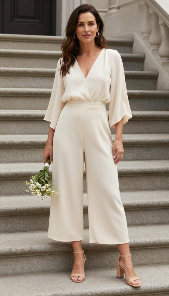Woman in cream boho jumpsuit with flowing sleeves on courthouse steps holding wildflowers