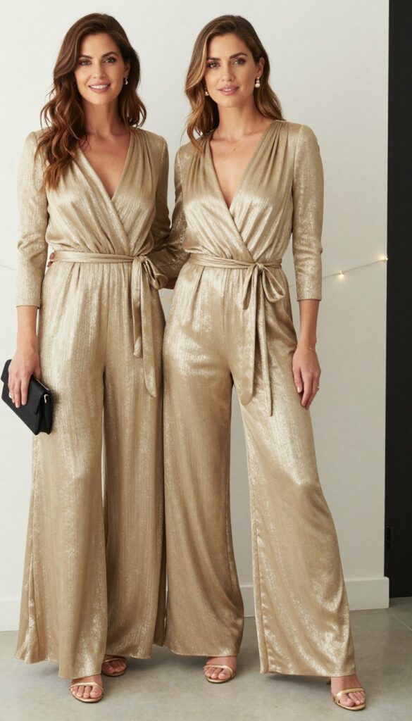 Woman wearing metallic gold wrap jumpsuit with clutch bag and heels at wedding reception