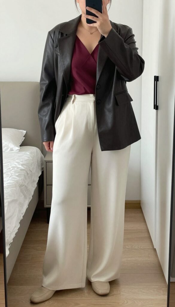 Woman in leather jacket, wrap top, and wide-leg pants taking a mirror selfie