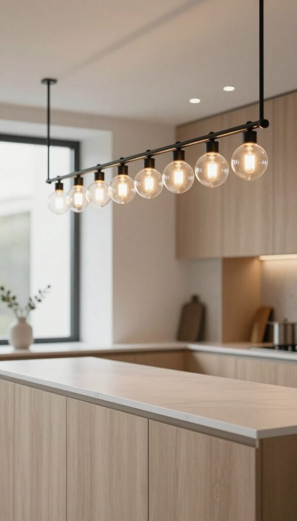 Kitchen island with exposed globe bulbs on a metal bar, warm lighting, industrial style
