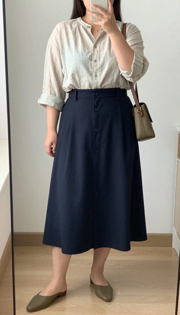 Model in button-front midi skirt and relaxed blouse, front-tucked, with mules and crossbody bag, in a bright office or outdoor setting.