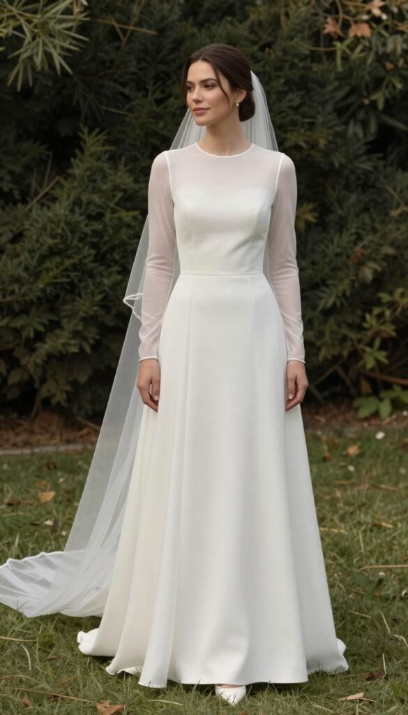 Bride in sheer high neck wedding dress with two-tier veil in garden ceremony