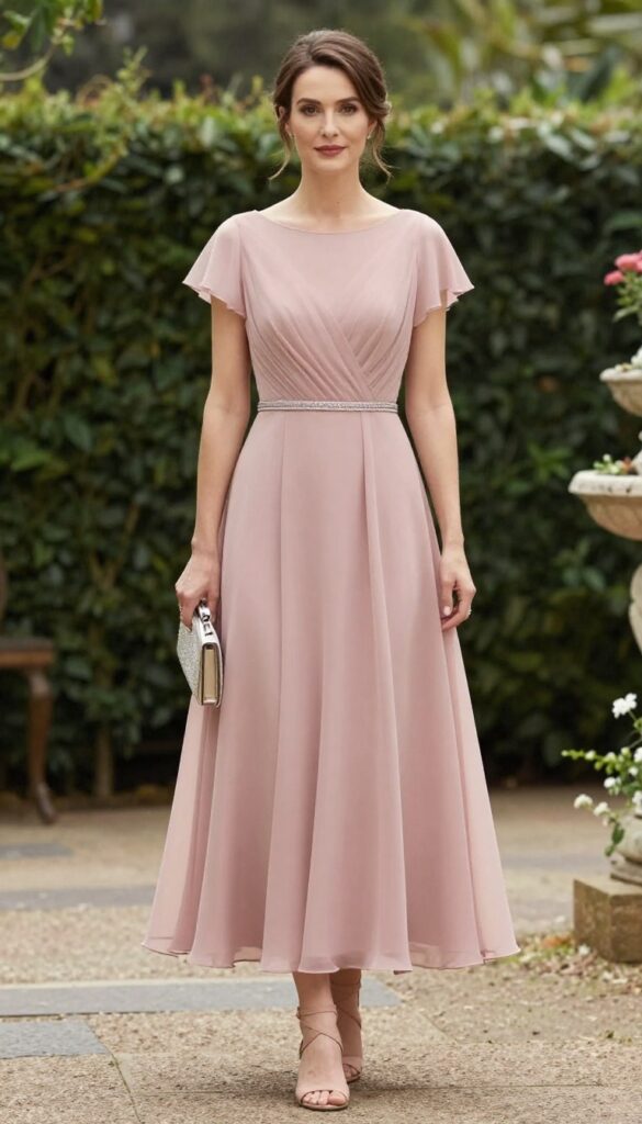 Woman in dusty rose A-line bridesmaid dress with illusion neckline and cap sleeves, crystal belt, nude heels, metallic clutch, in garden with evening light