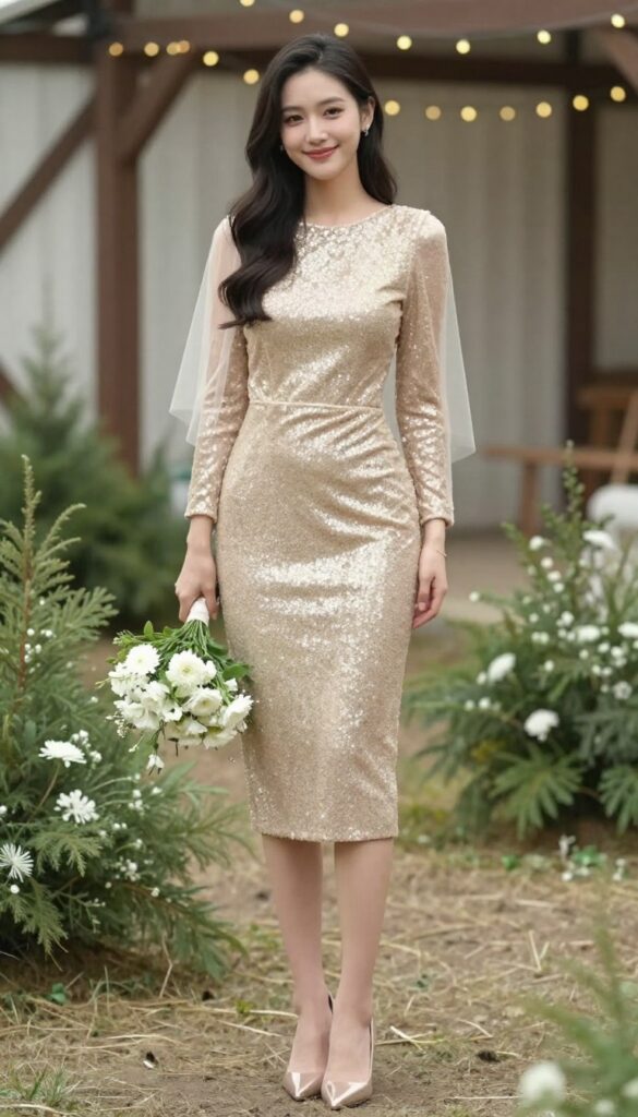 Woman in gold sequin midi dress with sheer veil, holding white bouquet in rustic barn with fairy lights