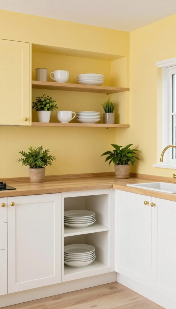 Butter yellow walls in a small kitchen with white cabinets, wood countertop, and green plants