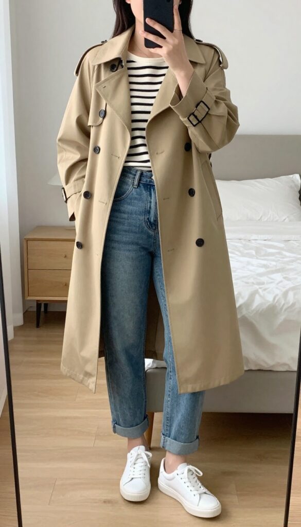 Woman in trench coat, light wash jeans, striped top, and white sneakers, mirror selfie