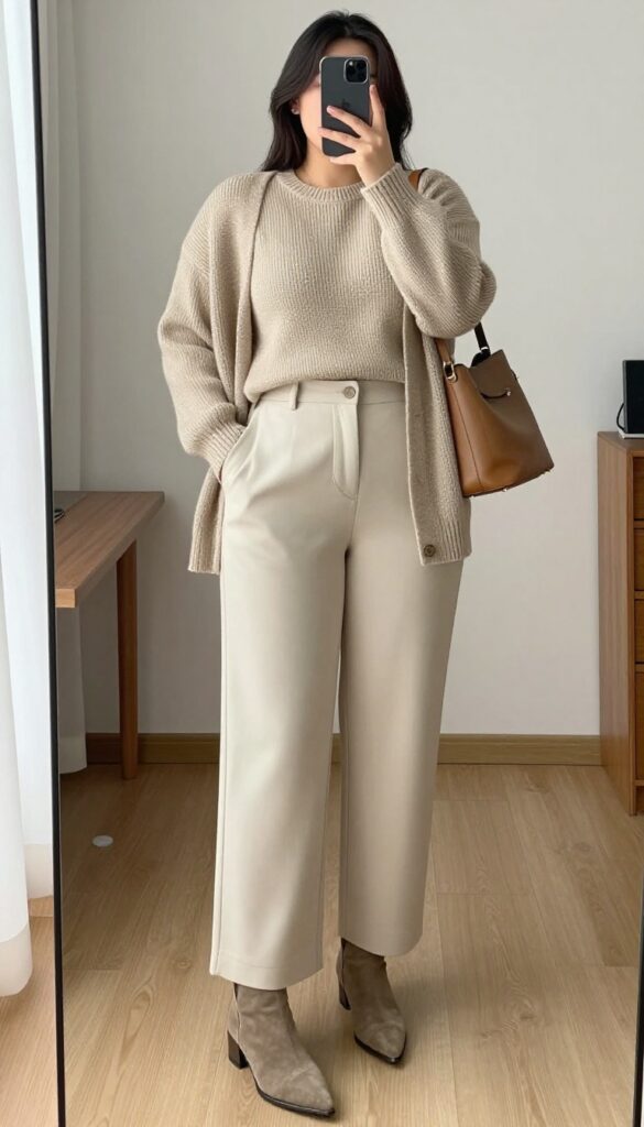 Woman in neutral monochrome outfit: cream wide-leg trousers, matching fine-knit sweater, longer beige cardigan, suede boots, and crossbody bag, standing in an office setting.