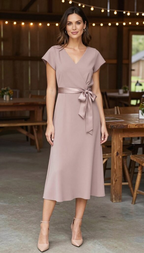 Woman in mauve midi dress with side silk bow at rustic barn wedding