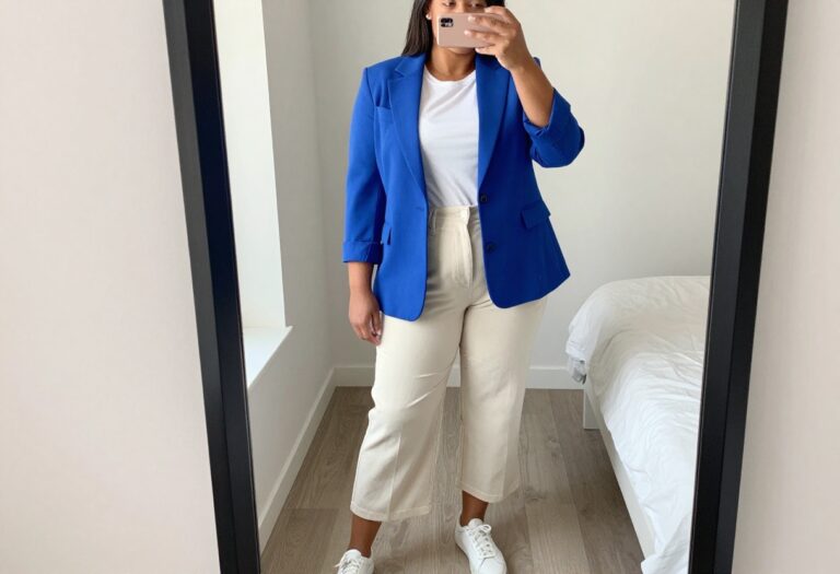 Plus size woman in cobalt blue blazer and white tee taking a mirror selfie in bedroom