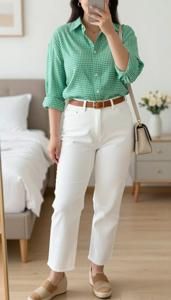 A woman in a green gingham button-down shirt and white jeans, standing in a sunlit office with a neutral crossbody bag and espadrille wedges.