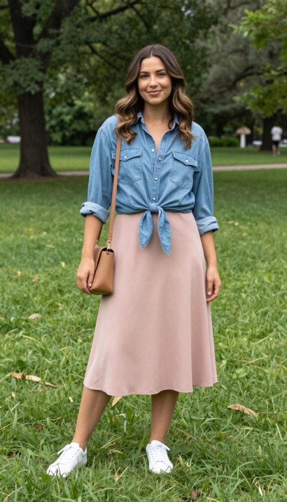 Woman in blush midi dress with denim shirt tied at waist, white sneakers, and tan crossbody bag in sunny park