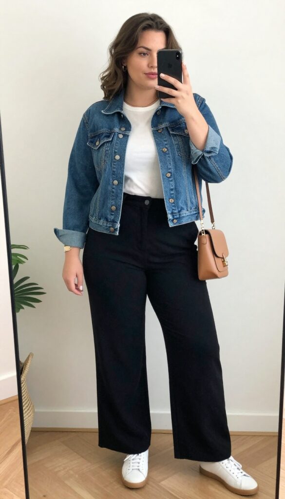 Plus-size woman in denim jacket, white tee, black wide-leg trousers, and white sneakers taking a mirror selfie in a bright room.