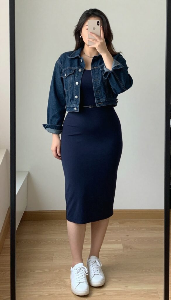 Plus-size woman in denim jacket, midi dress, and white sneakers taking a mirror selfie