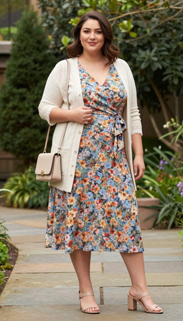 Plus-size woman in floral wrap dress and lace cardigan in chapel garden