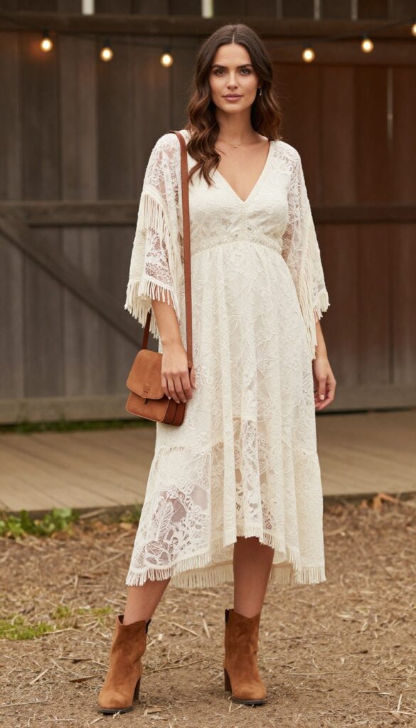 Woman in ivory lace dress with tan fringed suede kimono and brown ankle boots at rustic barn wedding