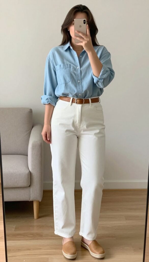 A woman in a light blue chambray shirt and white jeans, with tan accessories, standing in a bright office hallway.