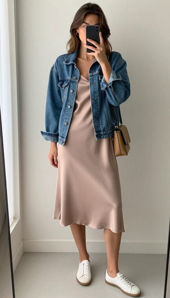 Woman in a neutral slip dress and denim jacket taking a mirror selfie, wearing white sneakers and a crossbody bag, casual chic outfit.
