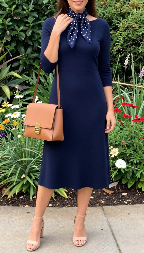 Woman in navy boatneck dress with polka dot silk scarf and nude heels in garden