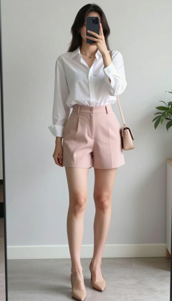 Woman in white button-down shirt and tailored pastel shorts with nude heels, taking a mirror selfie in a bright, clean room.