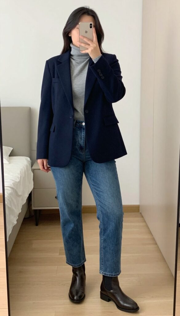 A woman in a tailored blazer over a turtleneck, paired with straight-leg trousers and ankle boots, standing in a restaurant or office setting.