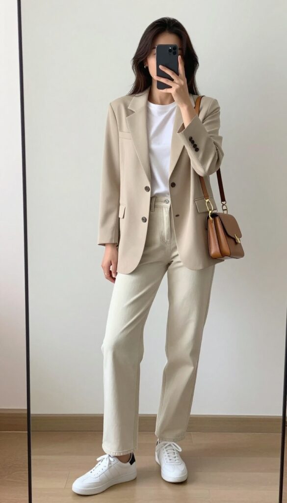Woman in beige blazer and straight-leg jeans taking a mirror selfie, smart-casual outfit with white sneakers and crossbody bag.