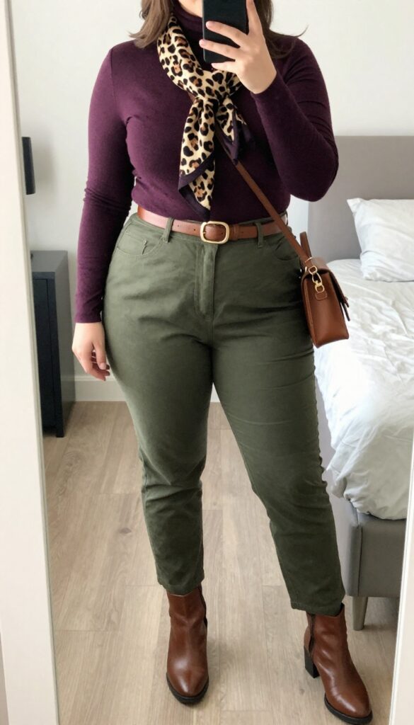 A woman in a plum turtleneck and olive green pants with a leopard print scarf, brown ankle boots, and a brown belt, standing in a mirror selfie pose.