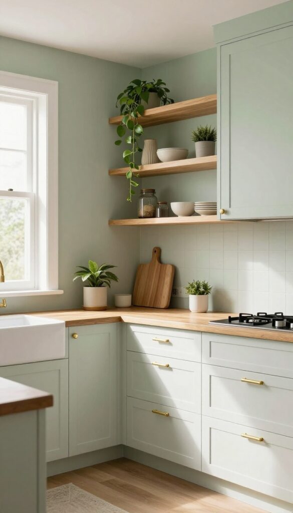 Kitchen with pale sage green walls, white cabinets, butcher block countertops, and plants, bright natural light.