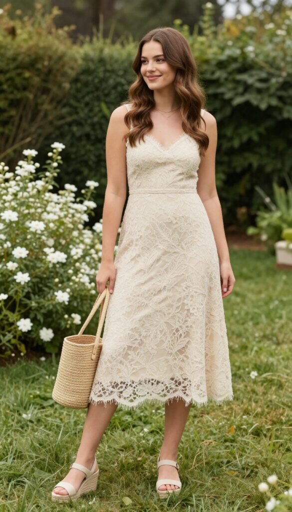 Champagne lace A-line dress with espadrille wedges, straw tote, and gold necklace at a garden wedding