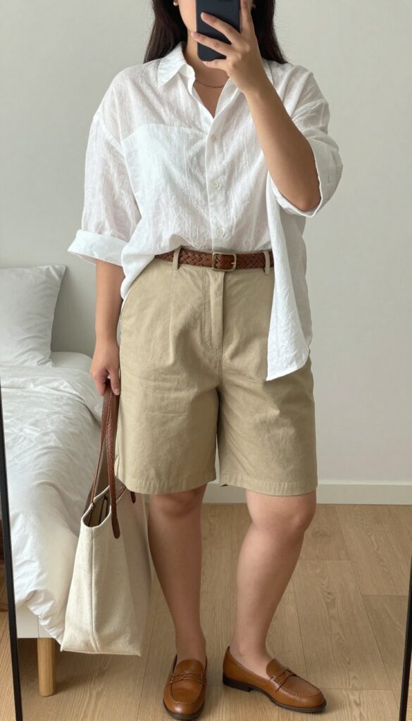 Woman in white linen button-down and khaki tailored shorts with loafers and canvas tote, standing in a bright office or cafe.