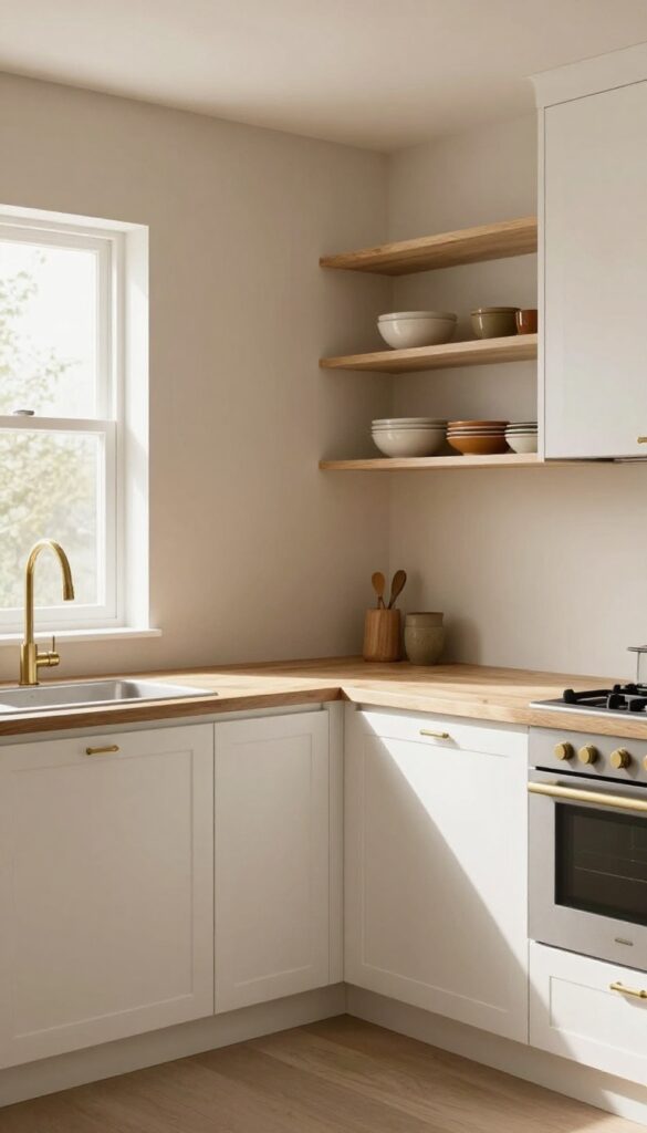 Small galley kitchen with taupe walls, white cabinets, butcher-block counter, brass hardware, and open shelving in natural light.