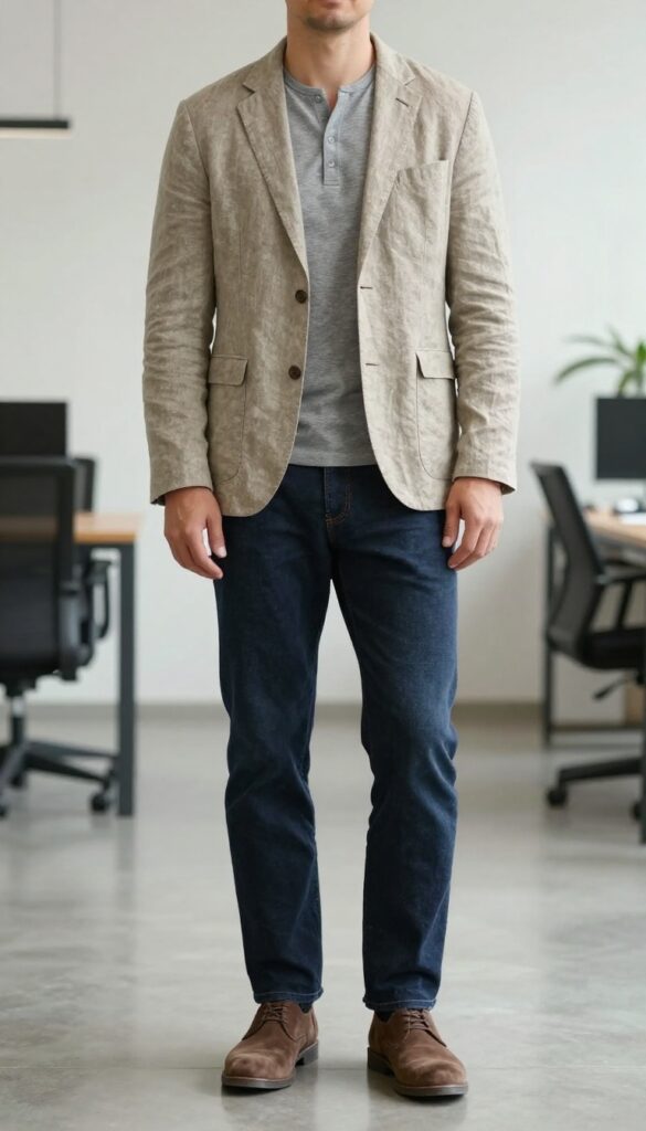 Man in stone linen blazer, grey henley, dark indigo jeans, and suede chukka boots in a modern office lobby.