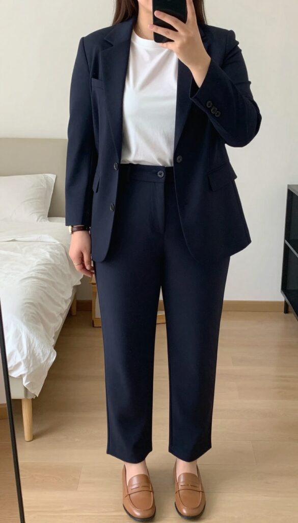 A woman in a tailored charcoal blazer and matching wide-leg trousers, white tee, and tan loafers, standing confidently in a bright office setting.
