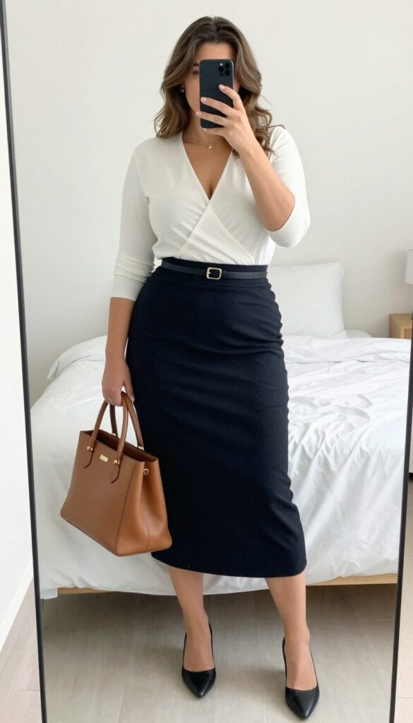 Woman wearing a wrap top tucked into an A-line skirt, with pointed flats and a structured tote, in a business casual office setting.