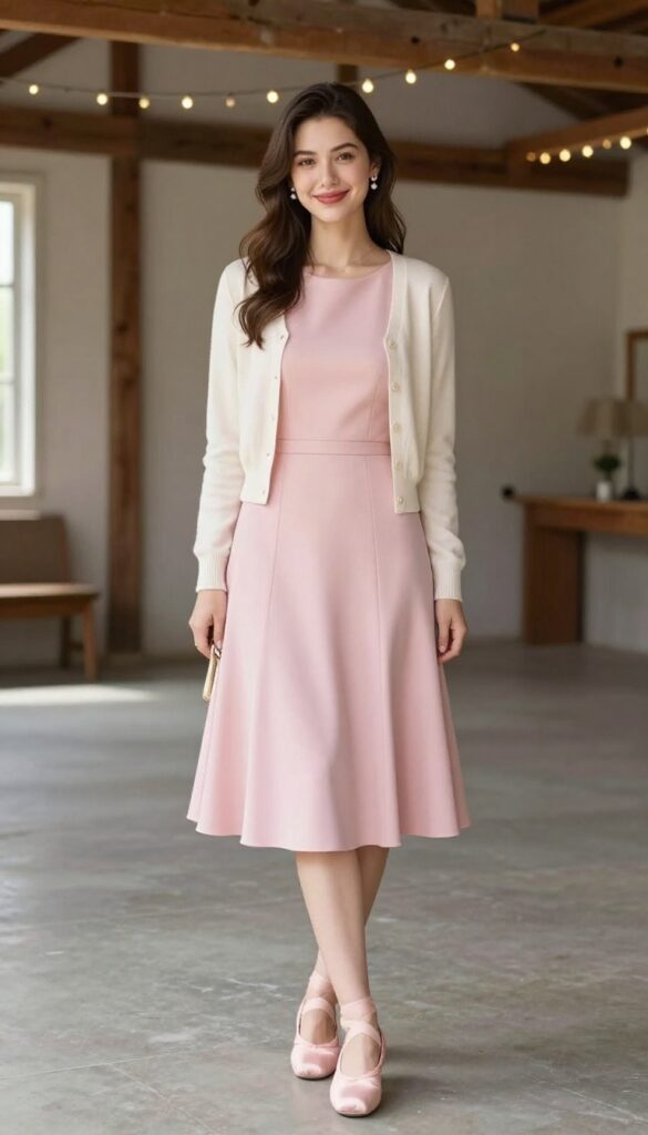Woman in pastel pink fit-and-flare dress with petticoat, pearl earrings, cream cardigan, and ballet flats in rustic barn with fairy lights