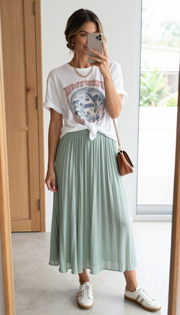 Woman in a knotted graphic tee and flowy midi skirt taking a mirror selfie, with a crossbody bag and layered necklaces, casual boho style.