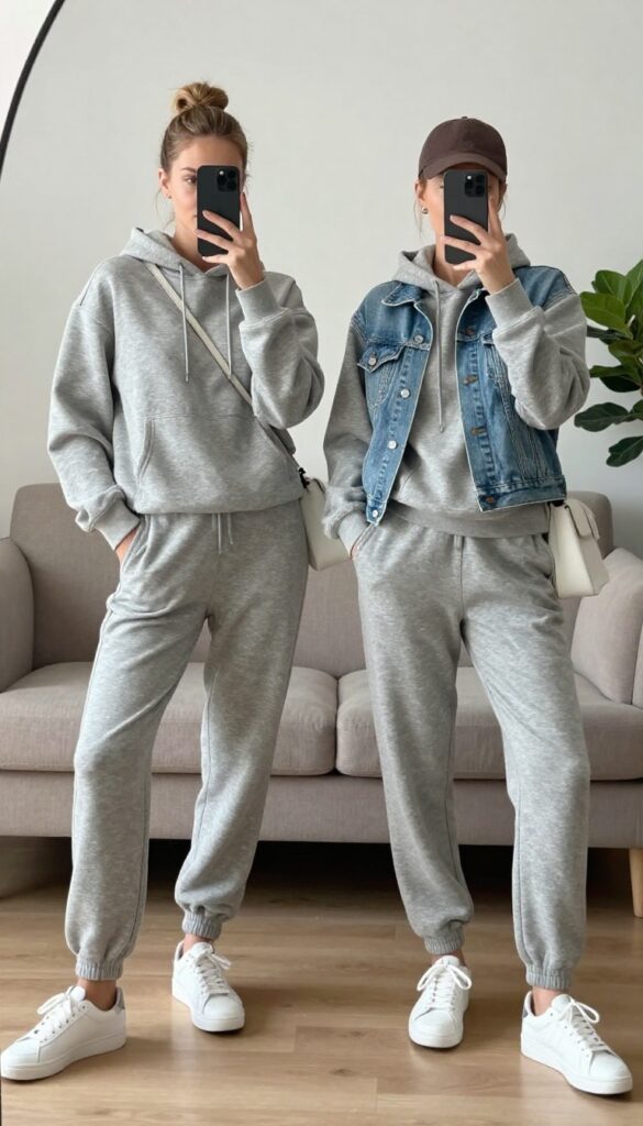 Mother and daughter in matching heather gray hoodie and jogger sets, taking mirror selfies in a bright living room. Both wear white sneakers and caps, mother adds a denim jacket.