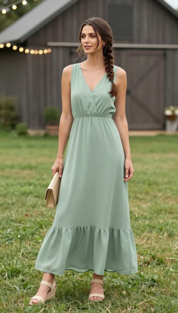 Woman in sage green maxi dress with woven wedges at outdoor wedding