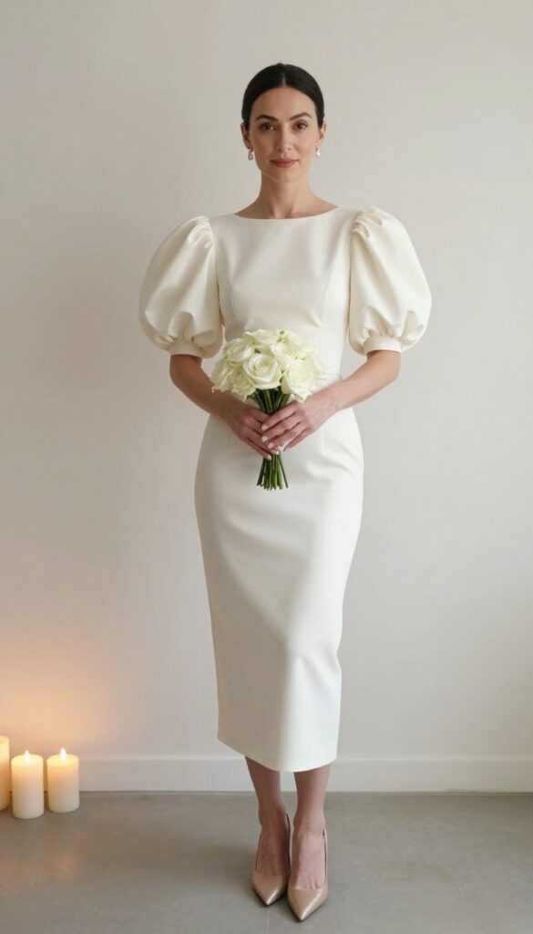 Woman in ivory silk mermaid wedding dress with puff sleeves, low bun, drop earrings, white rose bouquet, ballroom setting.