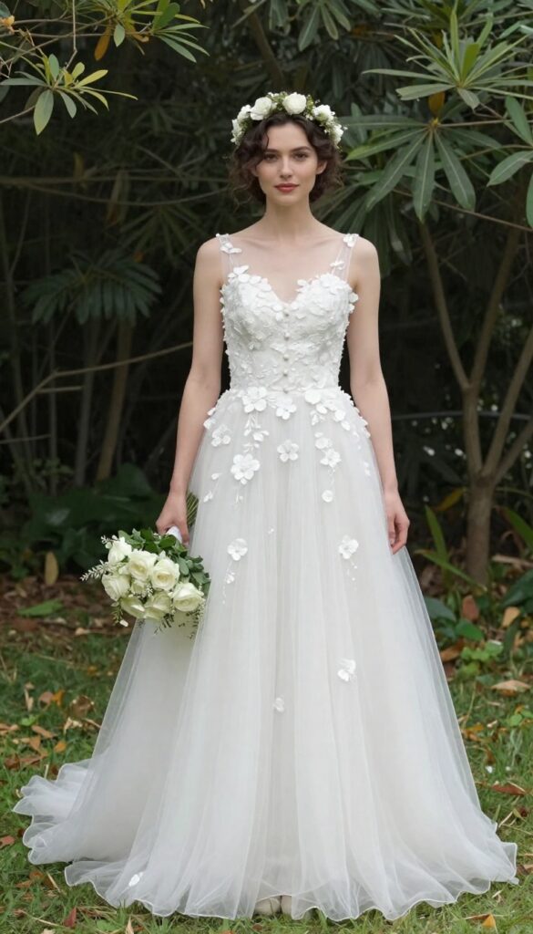 Bride in ball gown with floral appliqués and illusion back in garden