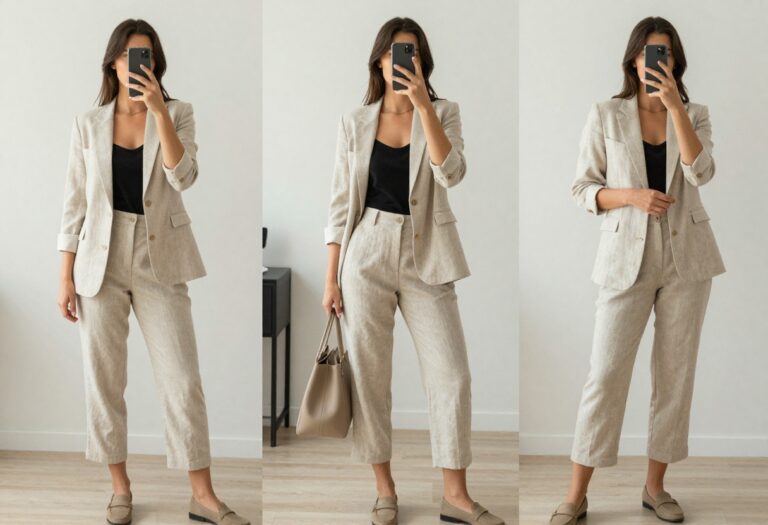 Young woman in linen blazer and cropped trousers taking a mirror selfie in a bright bedroom, showcasing a summer business casual outfit.