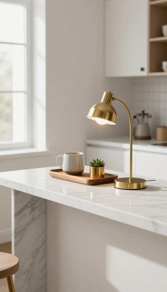 Marble-topped console table styled as a coffee station with brass accents and wooden tray in a bright kitchen