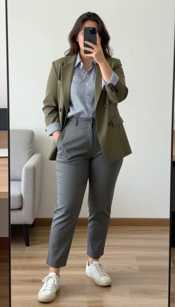 Grey chinos paired with a striped button-down shirt and a camel blazer, finished with suede oxfords.