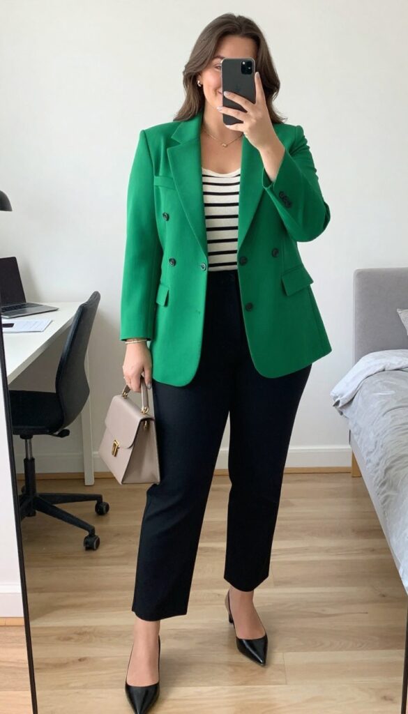 Woman in green blazer, striped top, and black trousers standing in an office setting.