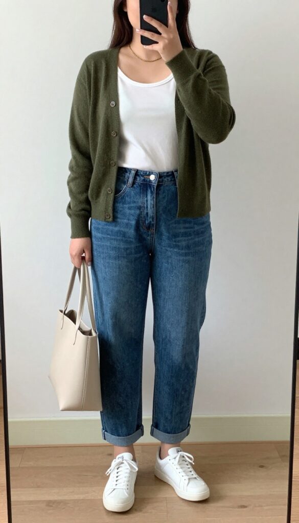 Teenage girl in olive green cardigan, white tee, straight-leg jeans, and white sneakers holding a beige soft board, standing in a bright room.