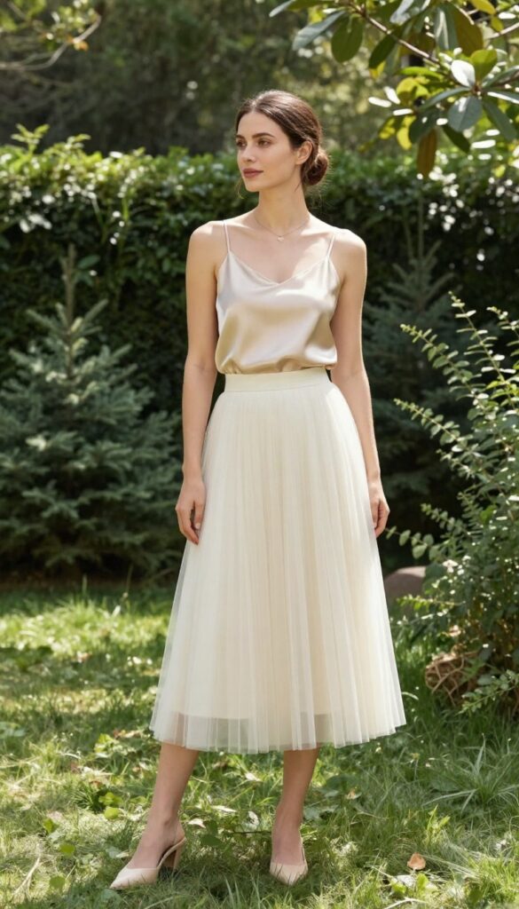 Woman in champagne silk camisole and ivory tulle skirt with nude mules in garden
